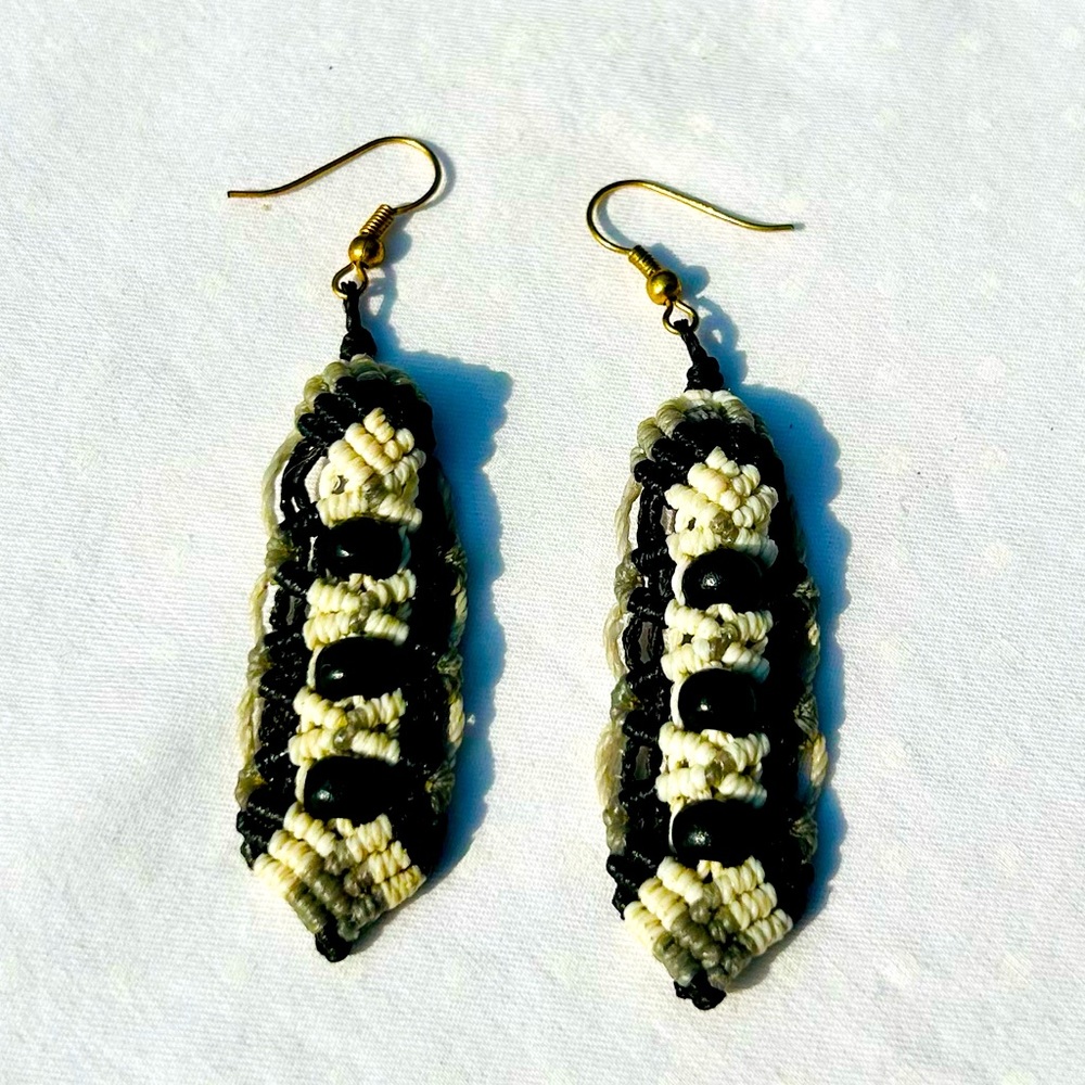 Macrame Earrings Black White Wood Bead Hand Made